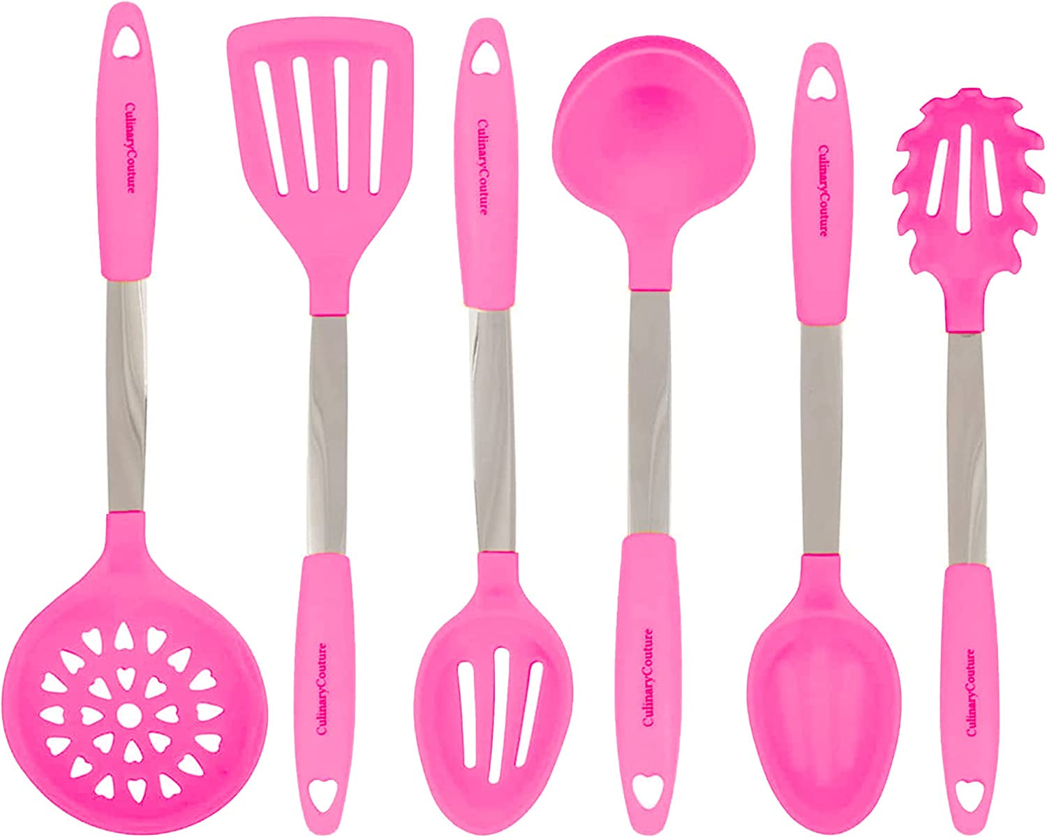 VERIS TASTI. 6-Piece Stainless Steel & Silicone Kitchen Utensils Set, Silicone Cooking Utensils, Heat Resistant Kitchen Cooking Utensils Set, Pink