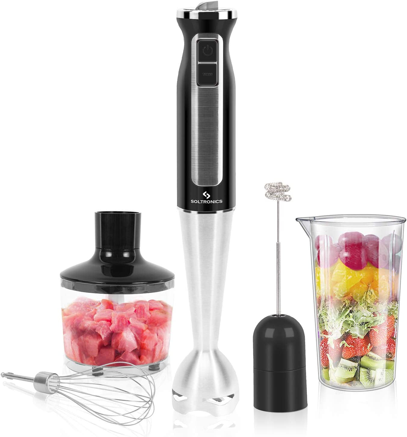 VERI HOT 5-In-1 Hand Blender, 5-In-1, 8-Speed 500 Watts Stick Blender with 860Ml Food Grinder, 600Ml Container, Milk Frother, Egg Whisk for Puree Infant Food, Smoothies, Sauces and Soups, Black