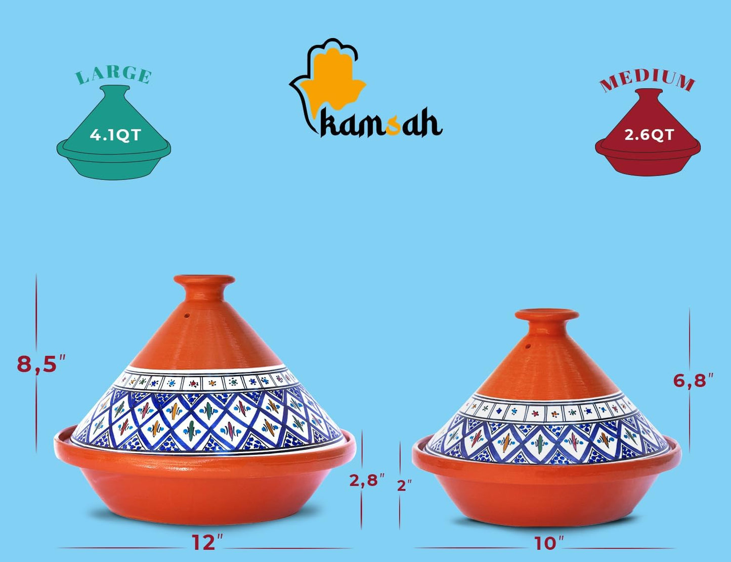 VERI HOT Hand Made and Hand Painted Non-Stick Tagine Pot | Moroccan Ceramic Pots for Cooking and Stew Casserole Slow Cooker (Large, Classic Bohemian Blue)