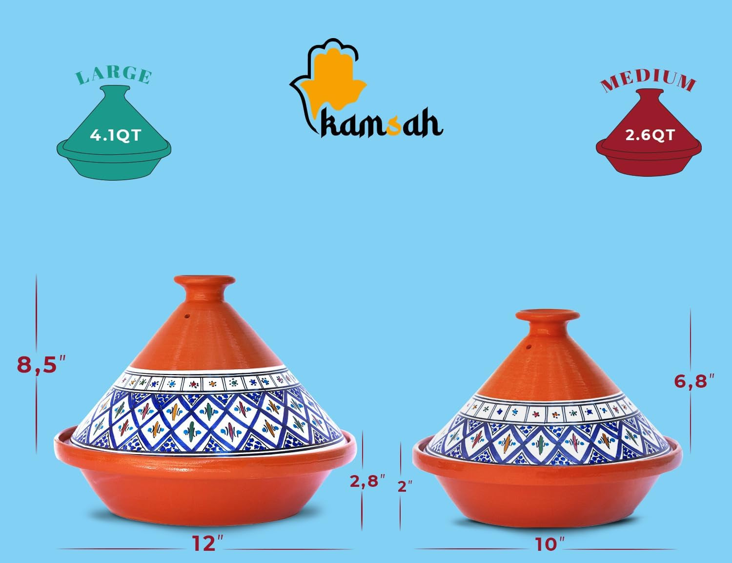 VERI HOT Hand Made and Hand Painted Non-Stick Tagine Pot | Moroccan Ceramic Pots for Cooking and Stew Casserole Slow Cooker (Large, Classic Bohemian Blue)