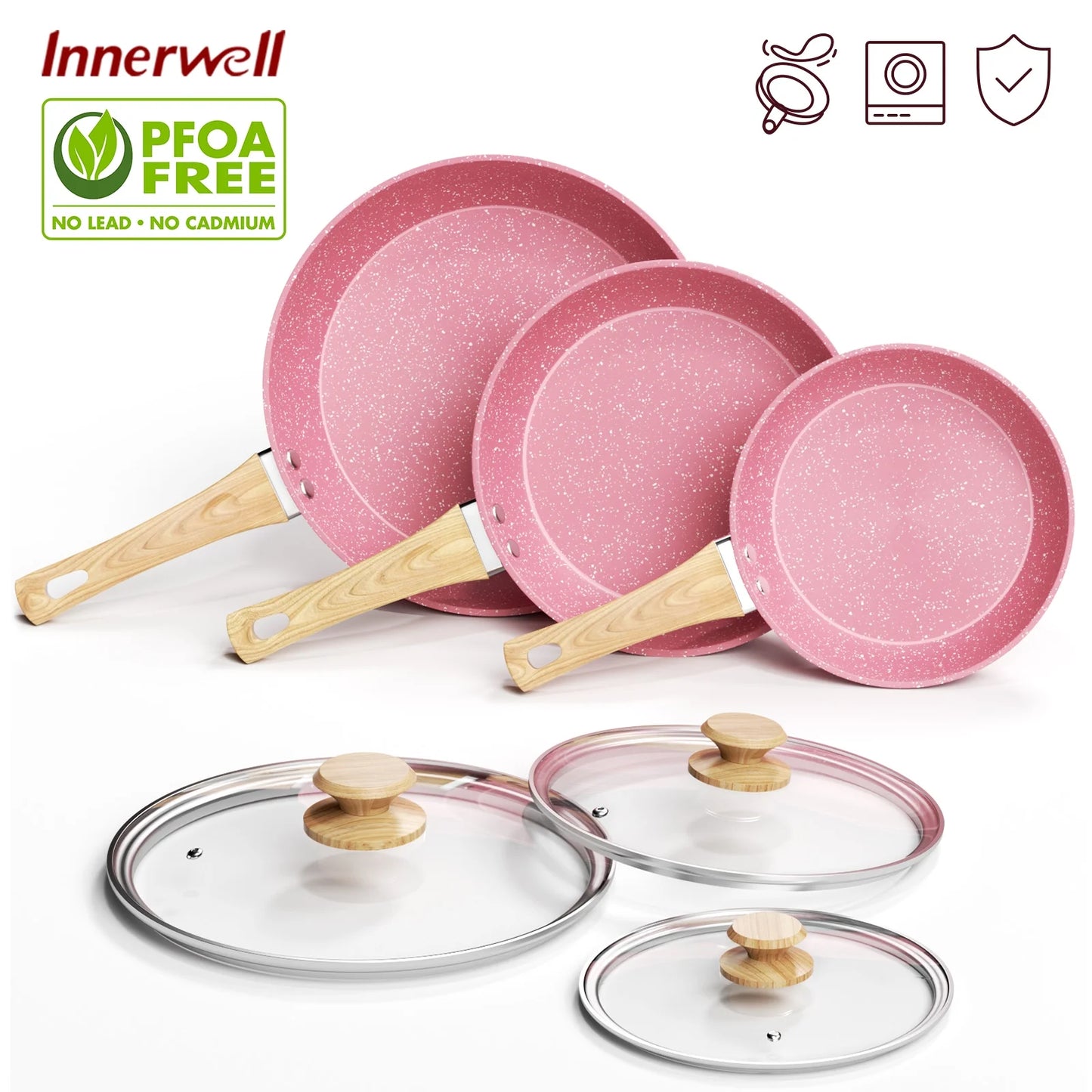 VERiS NICE 6Pcs Nonstick Pink Frying Pan Set Toxin-Free 8" 9.5" and 11" Frying Pan with Lid Bakelite Handle Cookware Set