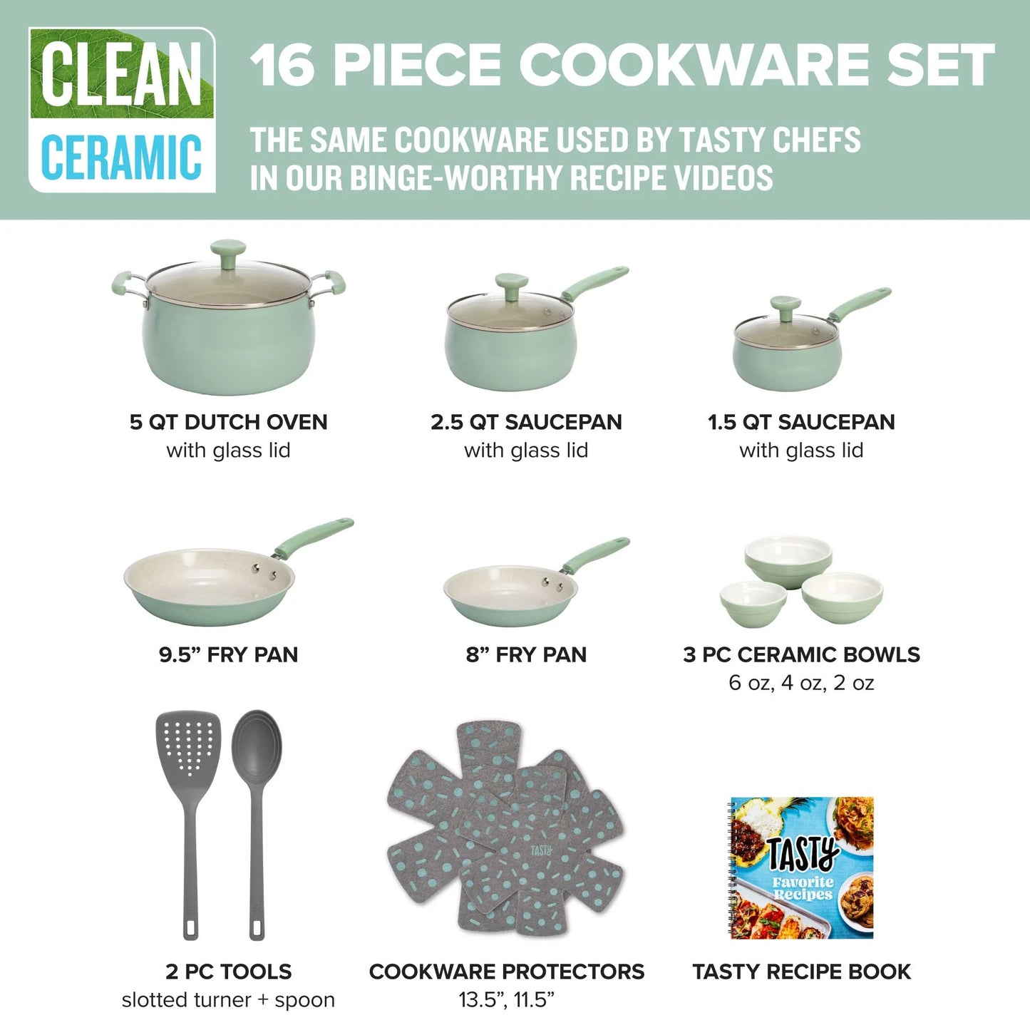 VERIS NICE Clean Ceramic 16 Piece Non-Stick Aluminum Cookware Set, Sage Green