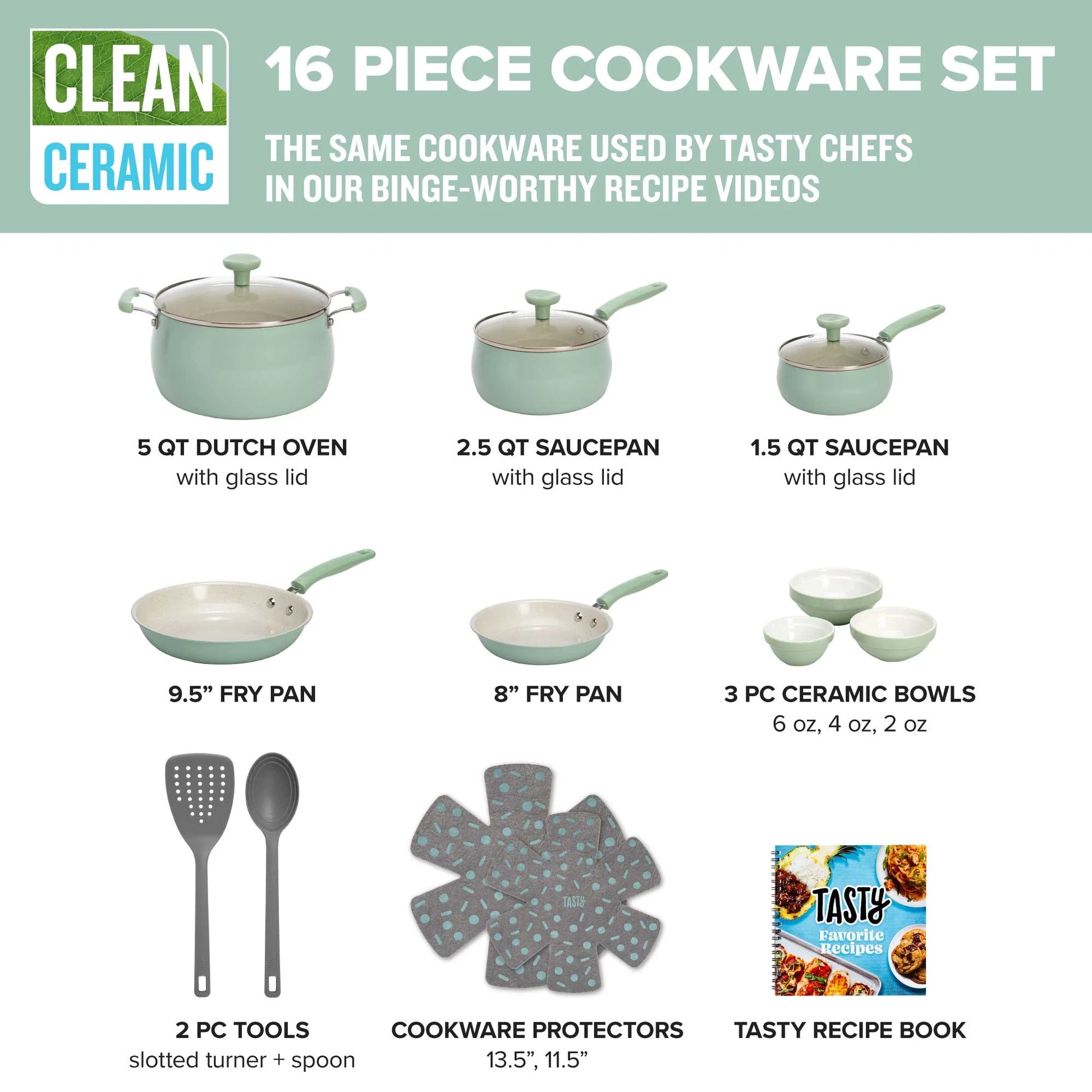 VERIS NICE Clean Ceramic 16 Piece Non-Stick Aluminum Cookware Set, Sage Green