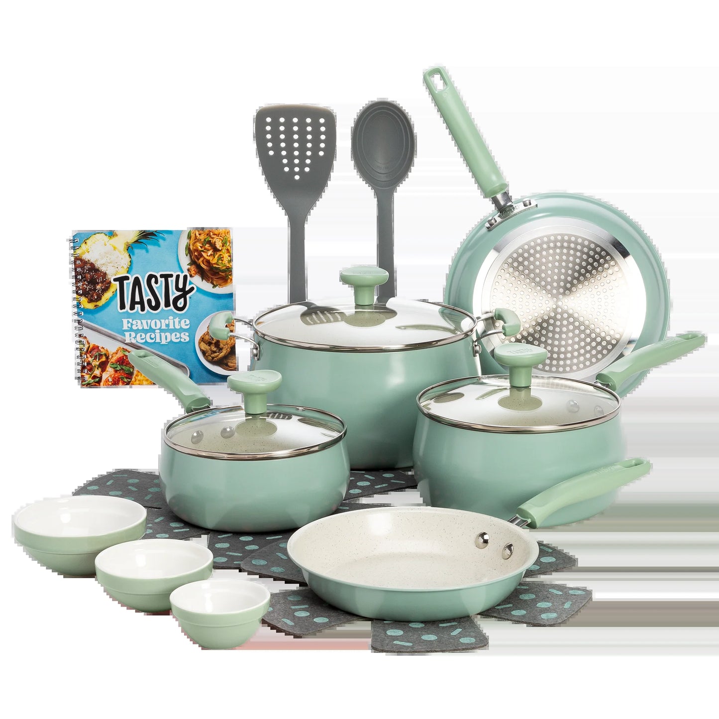 VERIS NICE Clean Ceramic 16 Piece Non-Stick Aluminum Cookware Set, Sage Green