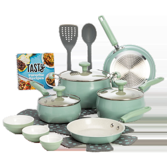 VERIS NICE Clean Ceramic 16 Piece Non-Stick Aluminum Cookware Set, Sage Green