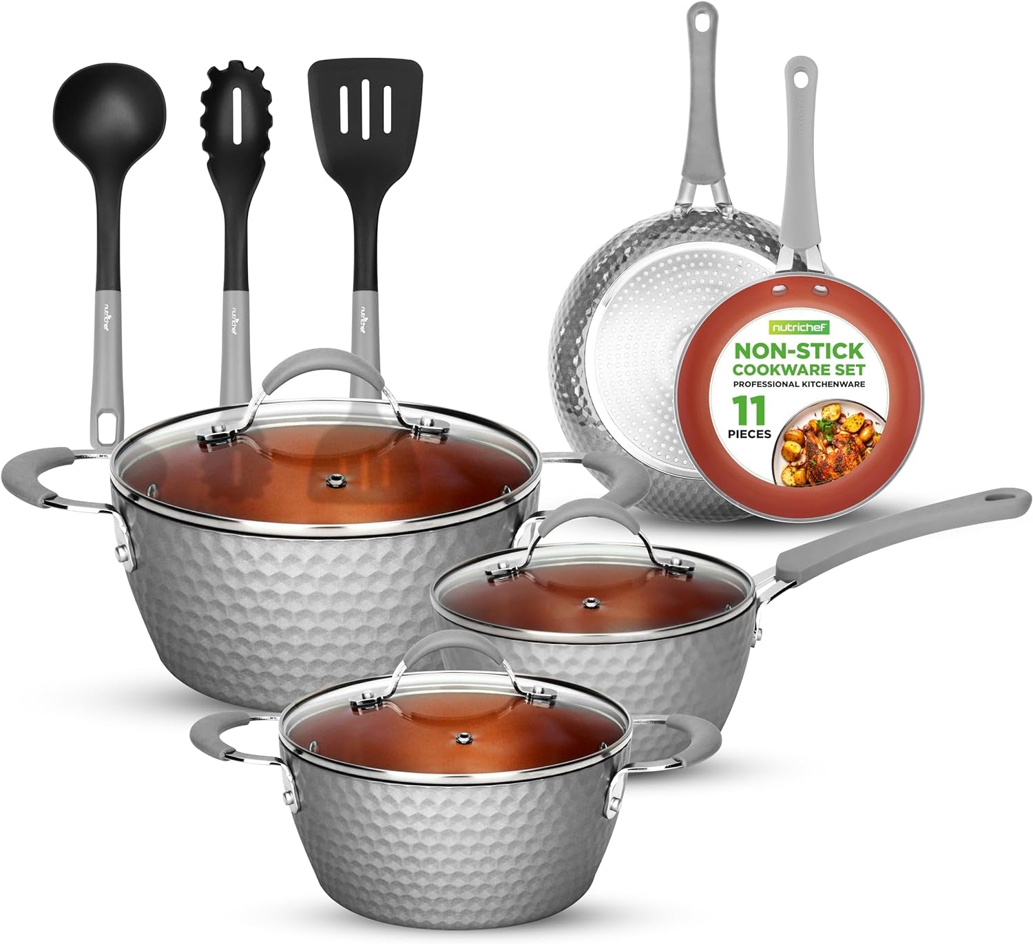 VERI HOT Nonstick Cookware Excilon |Home Kitchen Ware Pots & Pan Set with Saucepan Frying Pans, Cooking Pots, Lids, Utensil PTFE/PFOA/PFOS Free, 11 Pcs, Gray