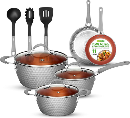 VERI HOT Nonstick Cookware Excilon |Home Kitchen Ware Pots & Pan Set with Saucepan Frying Pans, Cooking Pots, Lids, Utensil PTFE/PFOA/PFOS Free, 11 Pcs, Gray