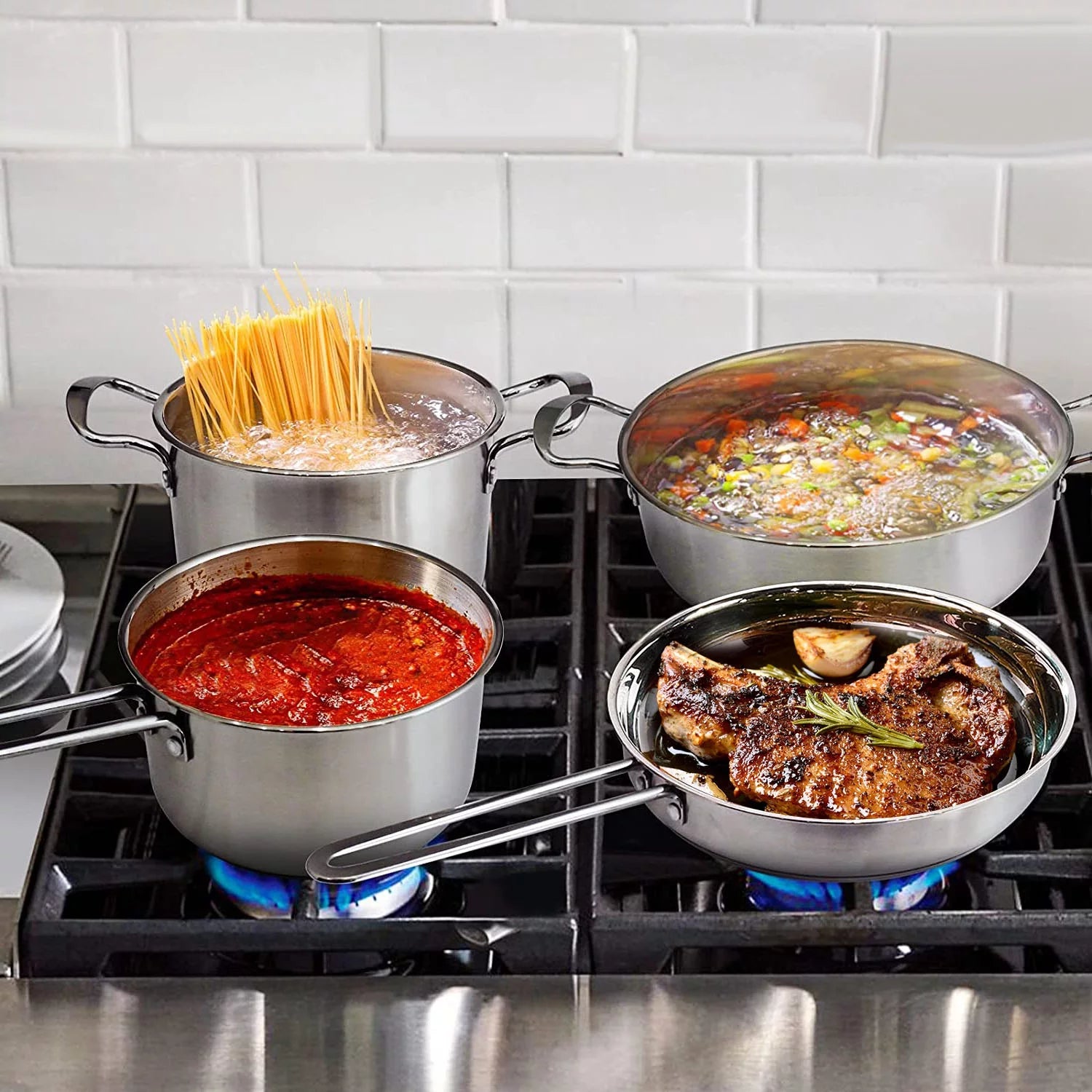 VERIS NICE Pots and Pans Set, 7-Piece, 18/8 Stainless Steel Cookware Set, Includes Saucepan, Skillet, Stockpots, Cooking Set with Glass Lids