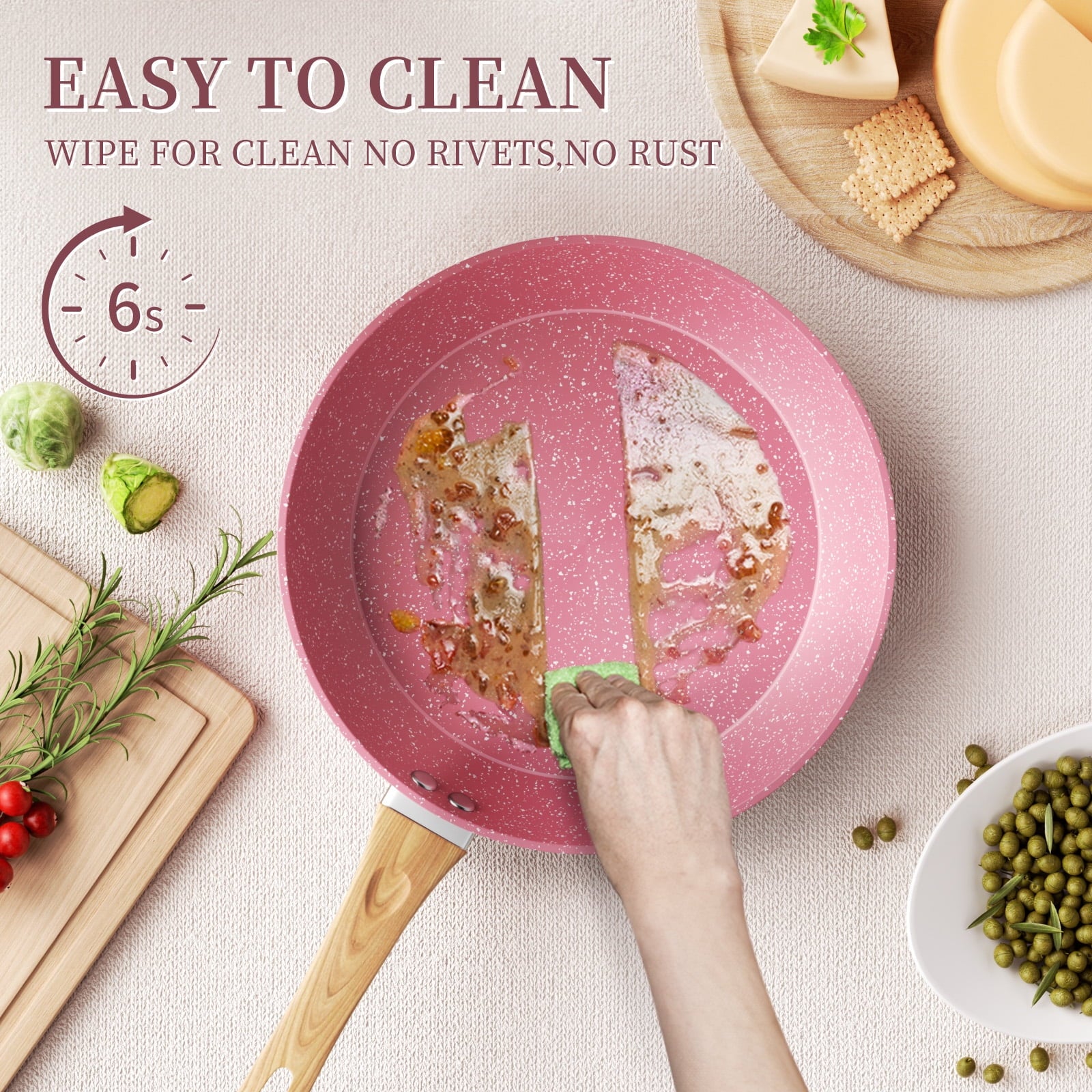 VERiS NICE 6Pcs Nonstick Pink Frying Pan Set Toxin-Free 8" 9.5" and 11" Frying Pan with Lid Bakelite Handle Cookware Set