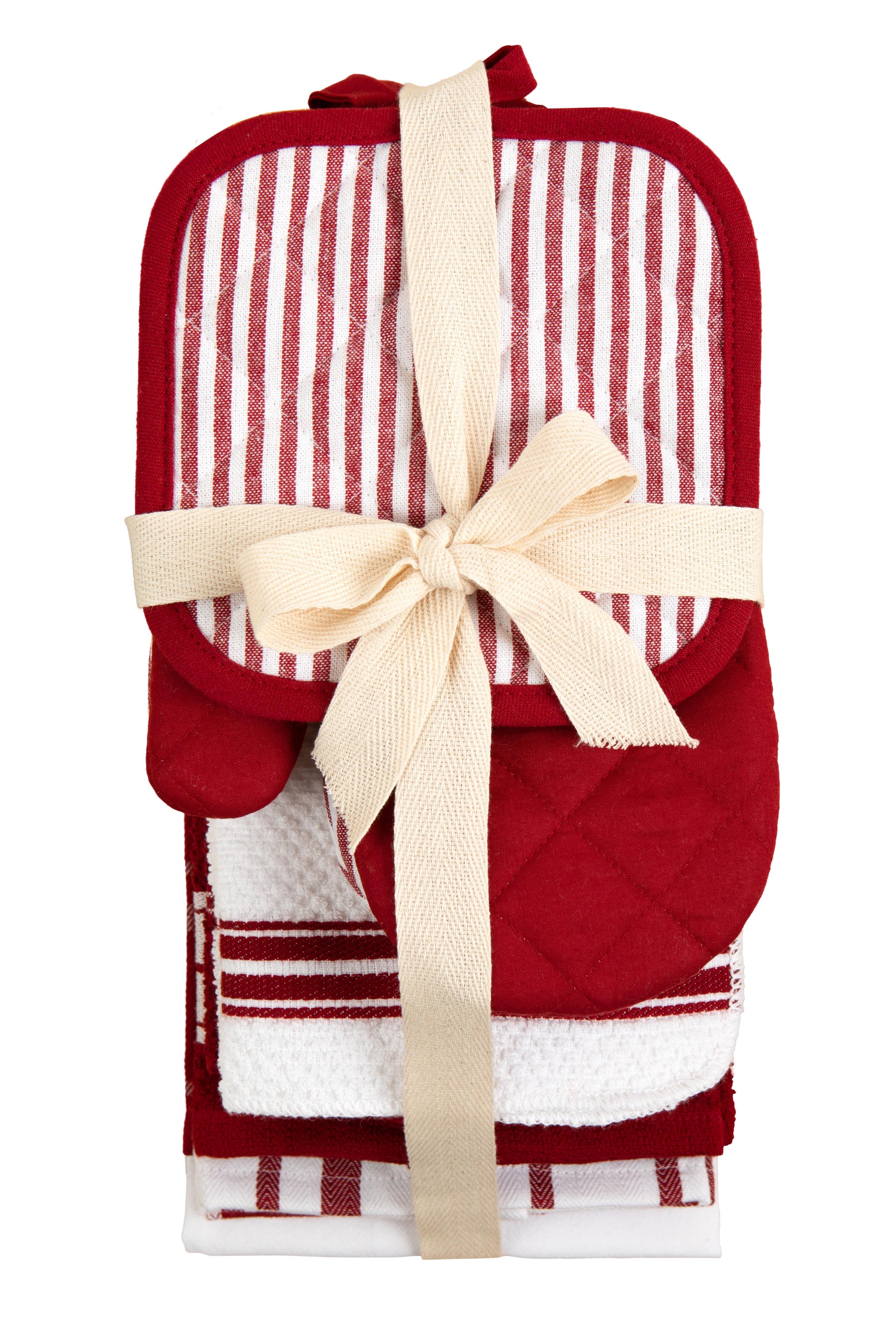 VERI CUTE 20 Piece Set, Terry and Flat Kitchen Towel, Dish Cloth, Flour Sack, Oven Mitt and Pot Holder Set, Red Stripe