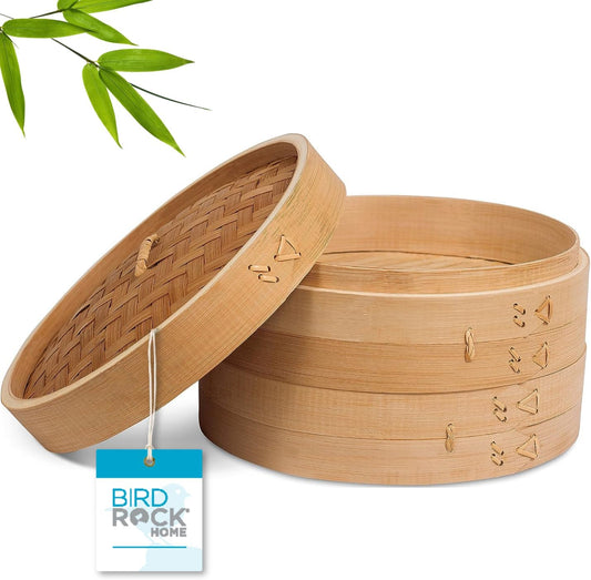 VERI STEAMY 10 Inch Bamboo Steamer for Cooking Vegetables and Dumplings - Classic Traditional 2 Tier Design - Healthy Food Prep - Great for Dim Sum, Chicken, Fish, Veggies - Steam Basket - Natural