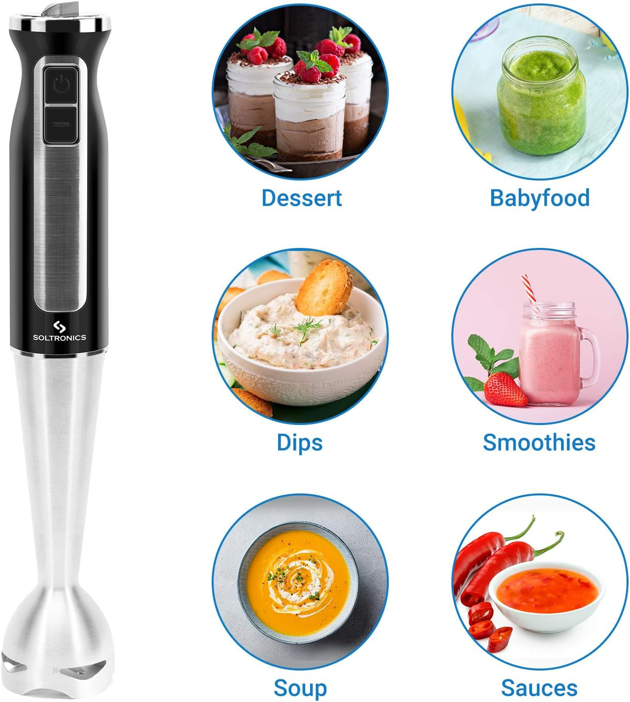 VERI HOT 5-In-1 Hand Blender, 5-In-1, 8-Speed 500 Watts Stick Blender with 860Ml Food Grinder, 600Ml Container, Milk Frother, Egg Whisk for Puree Infant Food, Smoothies, Sauces and Soups, Black