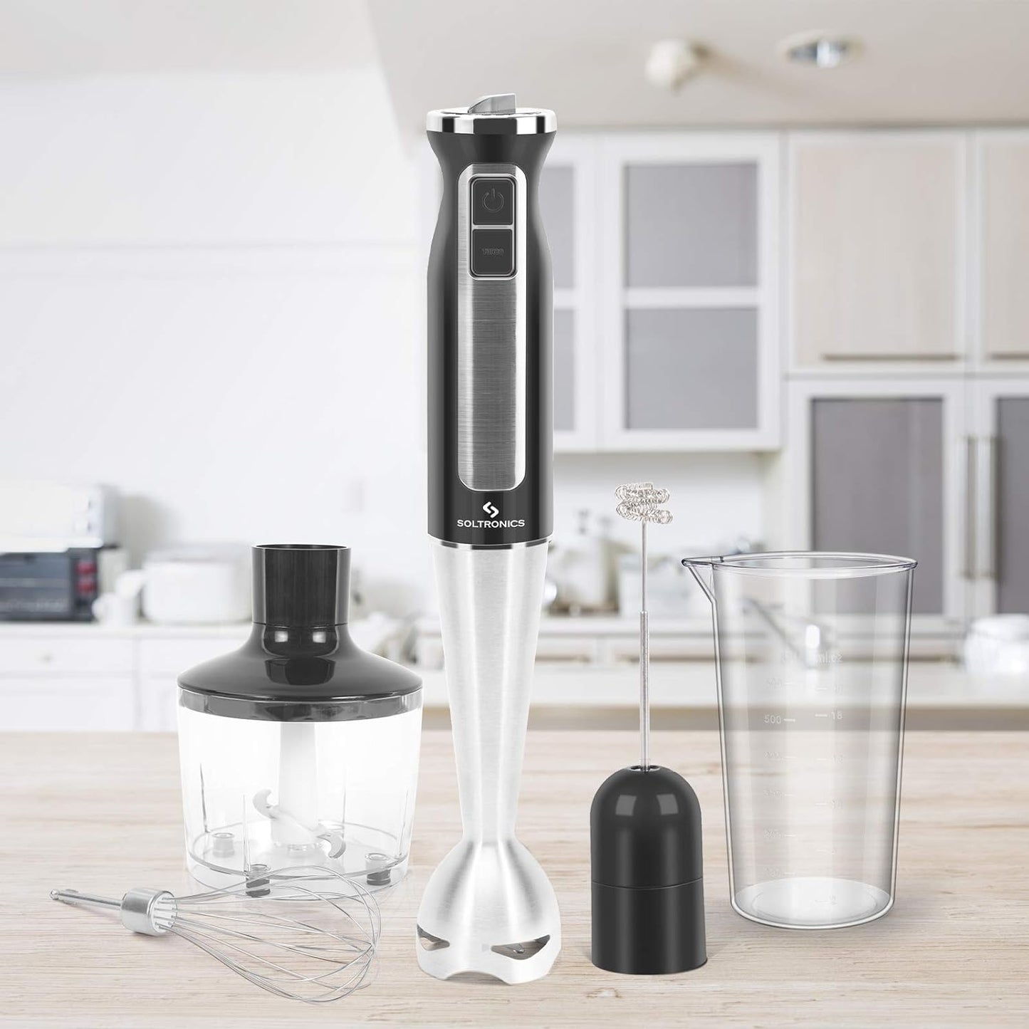 VERI HOT 5-In-1 Hand Blender, 5-In-1, 8-Speed 500 Watts Stick Blender with 860Ml Food Grinder, 600Ml Container, Milk Frother, Egg Whisk for Puree Infant Food, Smoothies, Sauces and Soups, Black