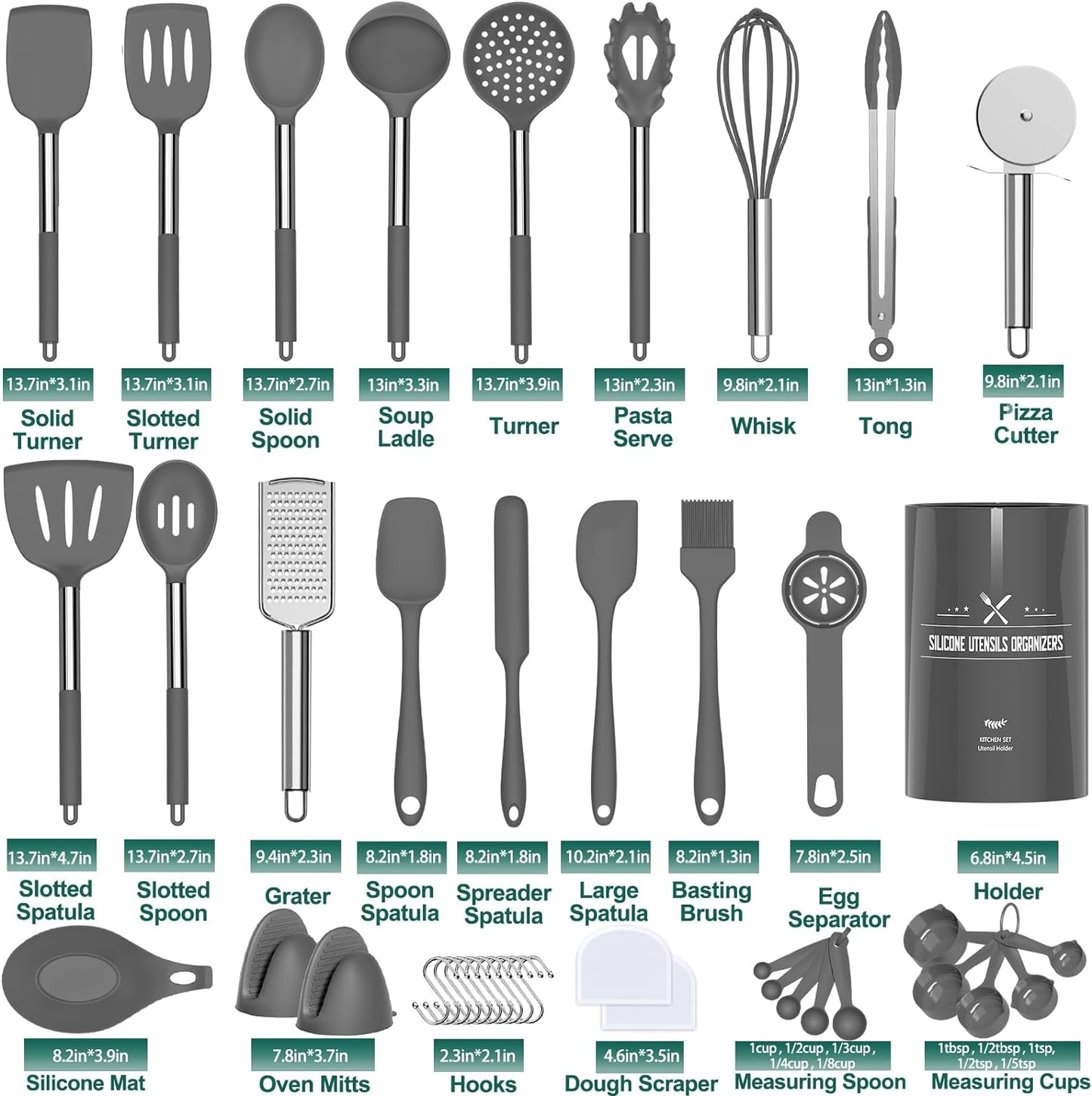 VERI TASTY Silicone Kitchen Cooking Utensil Set, 43 Pcs Silicone Spatula with Stainless Steel Handle, Non-Stick Heat Resistant - Best Cookware (Grey)