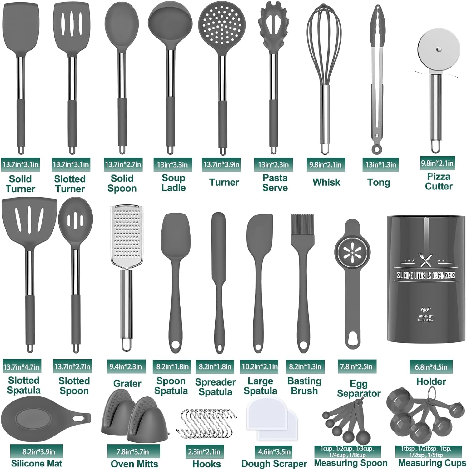 VERI TASTY Silicone Kitchen Cooking Utensil Set, 43 Pcs Silicone Spatula with Stainless Steel Handle, Non-Stick Heat Resistant - Best Cookware (Grey)