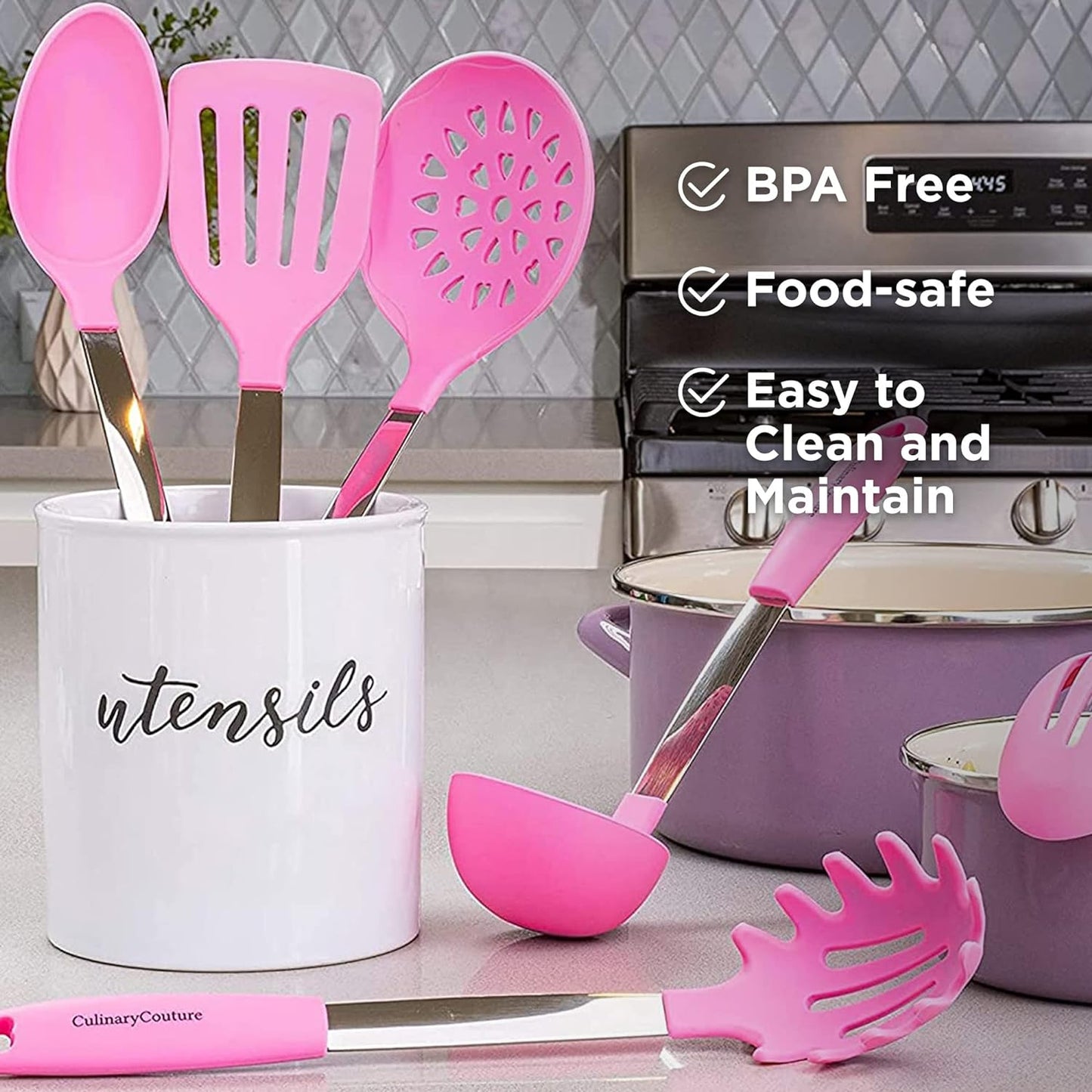 VERIS TASTI. 6-Piece Stainless Steel & Silicone Kitchen Utensils Set, Silicone Cooking Utensils, Heat Resistant Kitchen Cooking Utensils Set, Pink