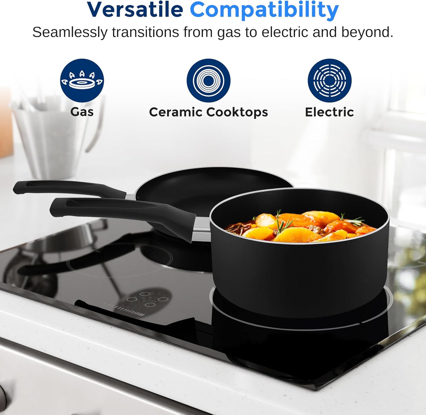 VERI HOT Kitchenware Pots & Pans Basic Kitchen Cookware, Black Non-Stick Coating Inside, Heat Resistant Lacquer (20-Piece Set), One Size