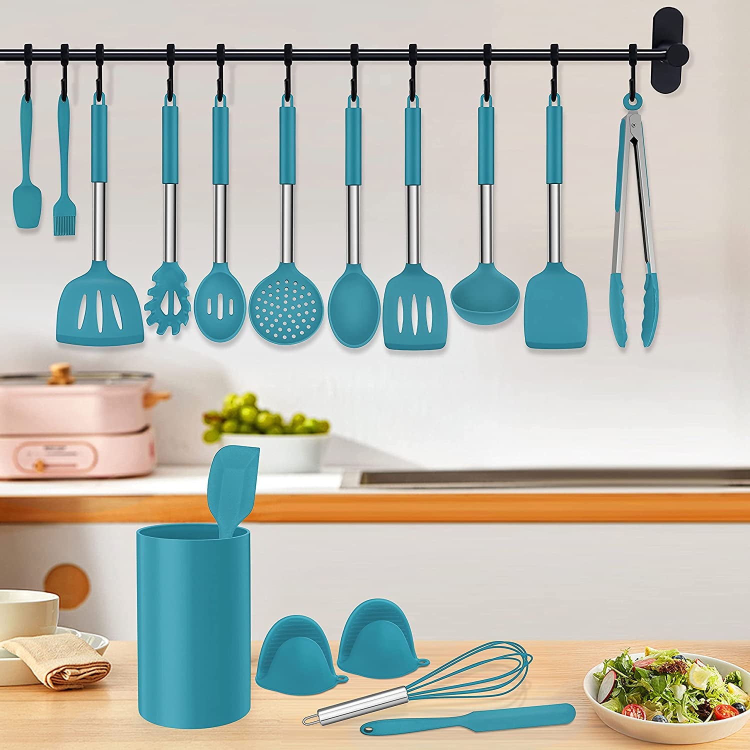 VERI TASTY. 27 Pieces Silicone Cooking Utensils Set with Holder, Kitchen Utensil Sets for Nonstick Cookware, Dark Navy Blue Kitchen Tools Spatula with Stainless Steel Handle, Heat Resistant