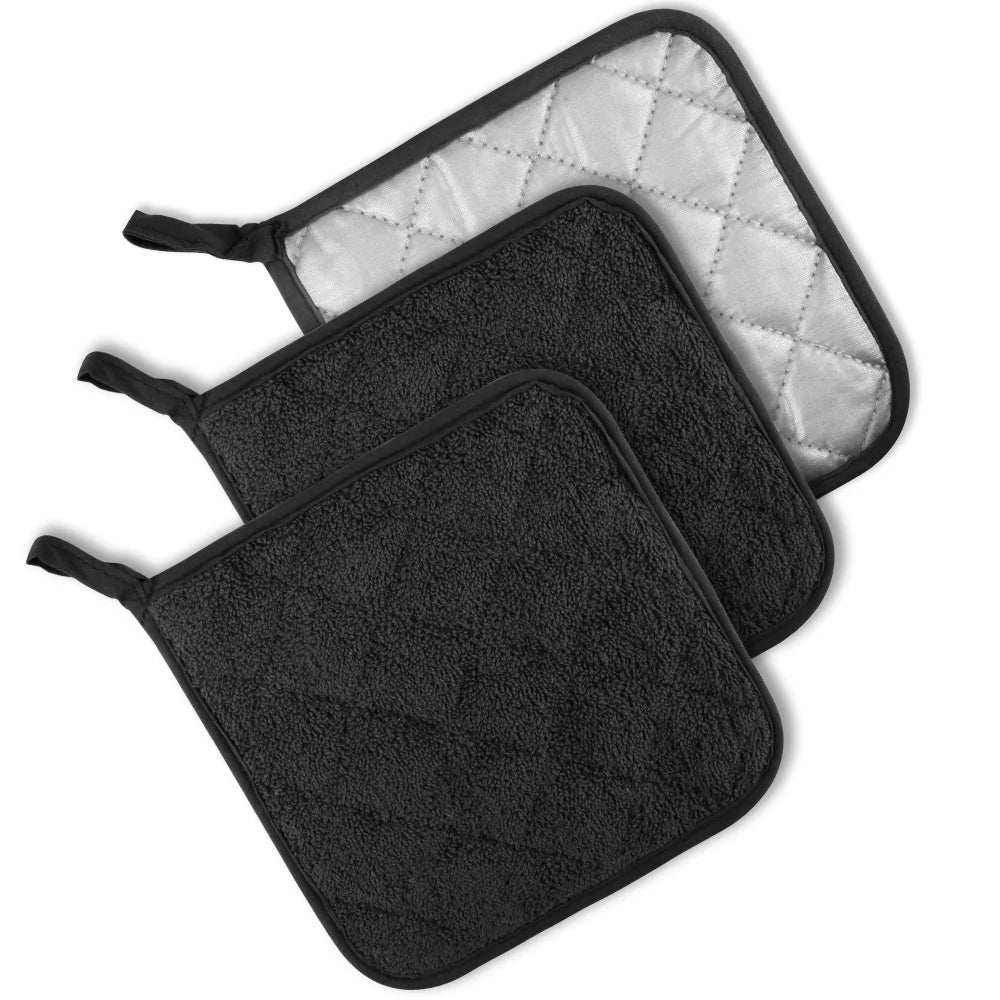 VERI HOT Kitchen Pot Holders Sets Heat Resistant Pot Holder Cotton Oven Hot Pads for Cooking Baking Set of 3 7X7" Black