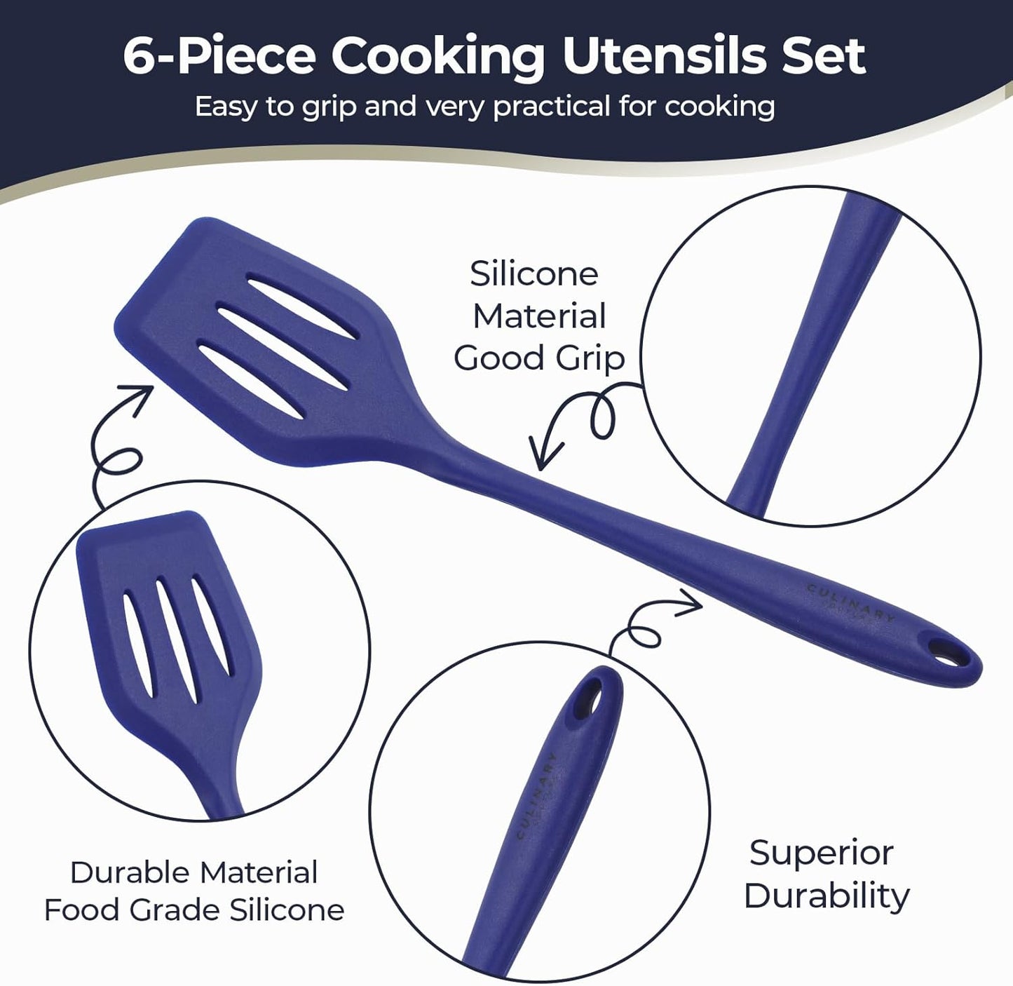 VERIS TASTY Blue Silicone Kitchen Utensils Set of 6, Non-Stick Heat-Resistant Silicone Kitchen Utensils Set with Steel Inner Core